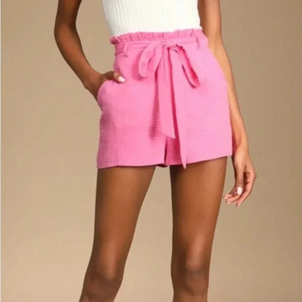 Lulus Bright Pink Paperbag Waist Shorts Large NWT